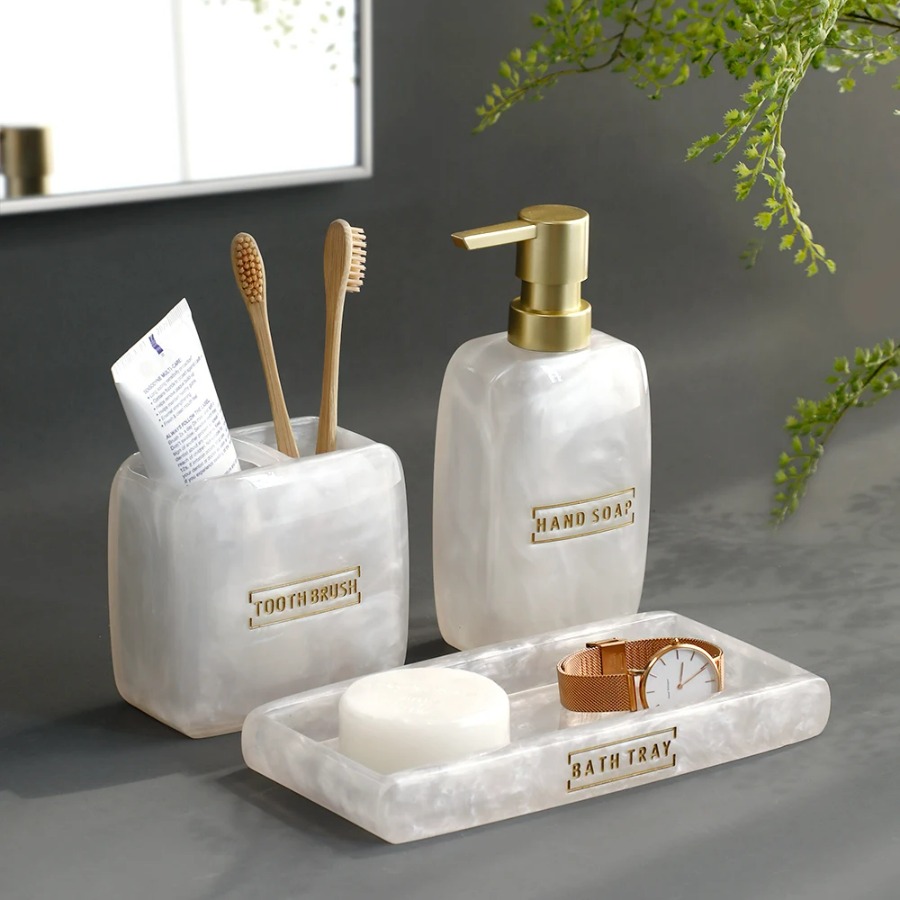 Bamboo Toothbrush - Biały Zestaw Akcesoriów Łazienkowych z Perłowym